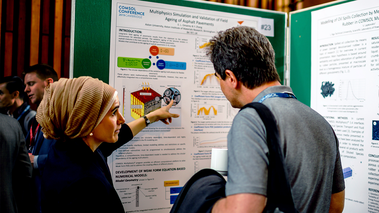 Zwei Personen betrachten ein Poster der COMSOL Conference über die Simulation der Feldalterung von Asphaltbelägen.