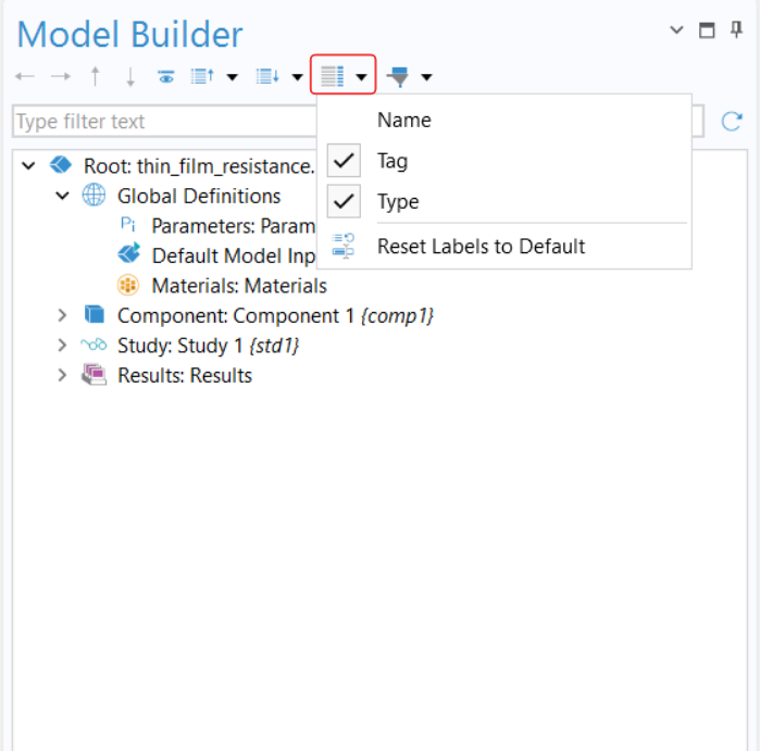 The Model Tree Node Text menu in the Model Builder window.