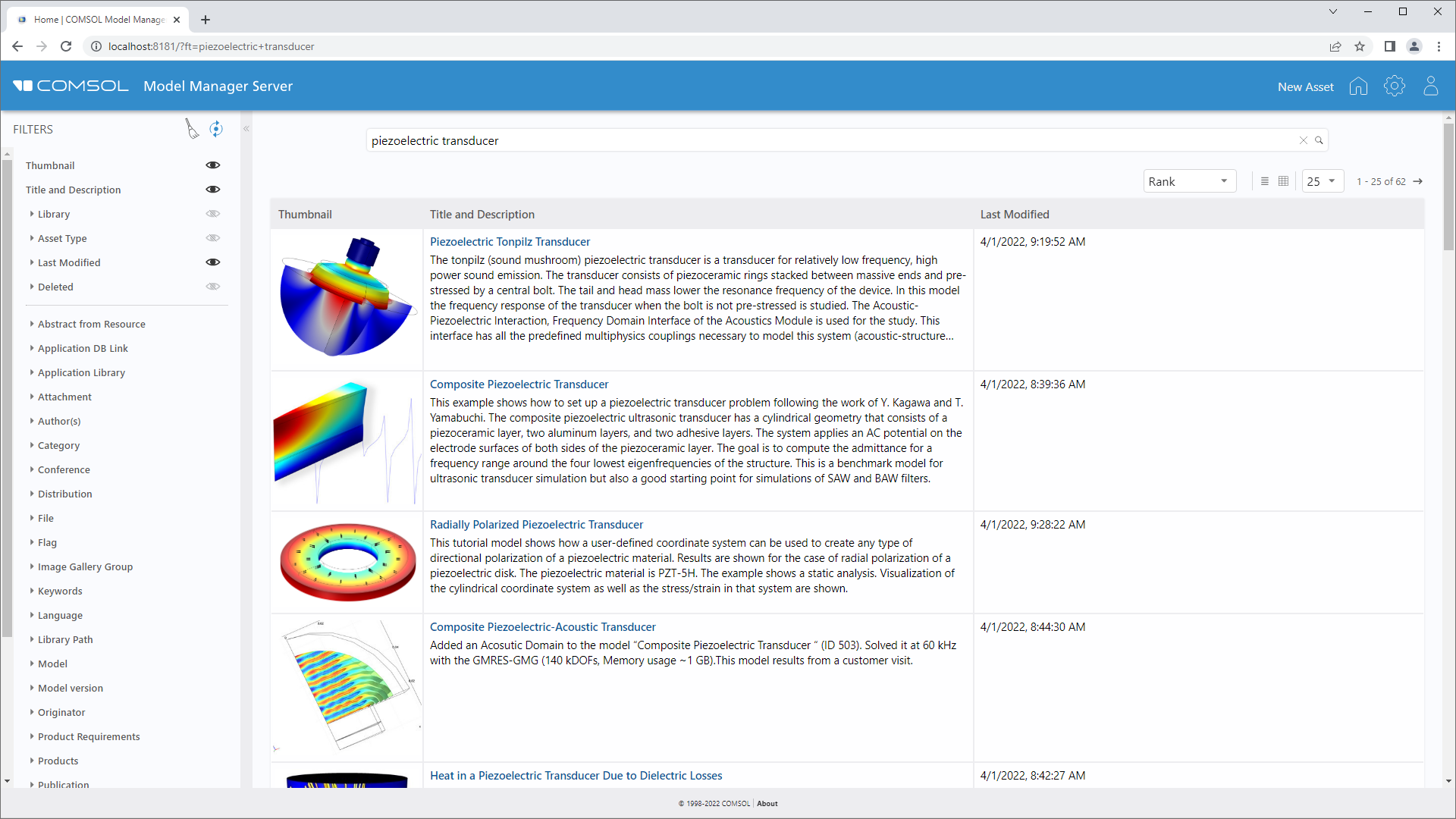 A screenshot of the Model Manager server showing the search filters and asset management system, which appears as a chart showing, from left to right, the thumbnail image, title and description, last modified date, and asset type.