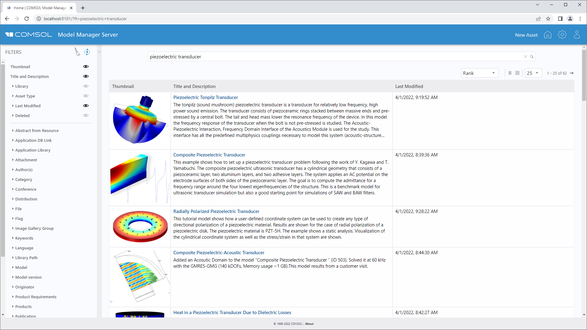 Una schermata del Model Manager server che mostra i filtri di ricerca e il sistema di gestione delle risorse; questo appare come un grafico che mostra, da sinistra a destra, l'immagine in miniatura, il titolo e la descrizione, l'ultima data di modifica e il tipo di risorsa.