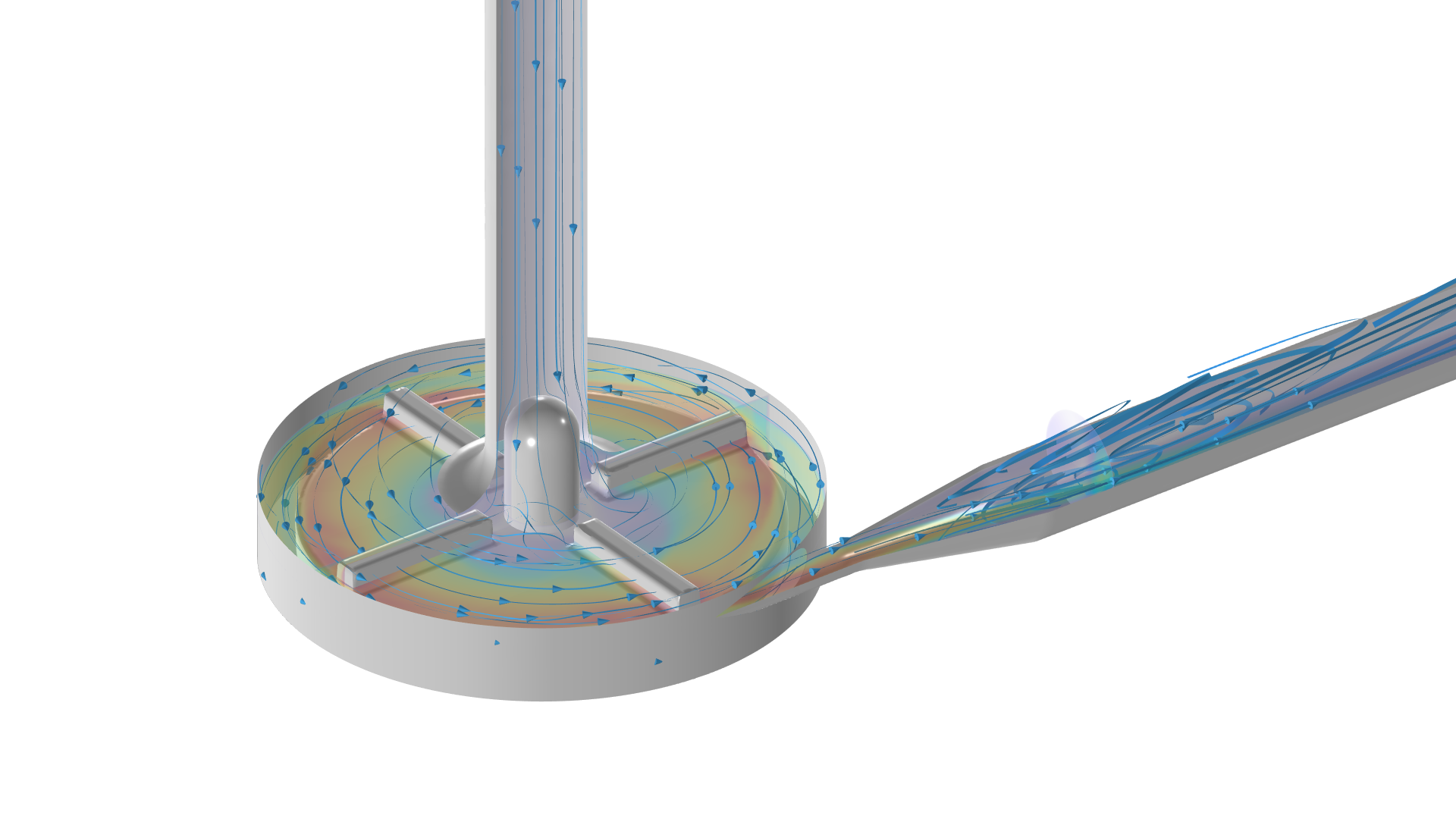 A benchmark model of a centrifugal blood pump rendered in the COMSOL software depicts fluid flow.