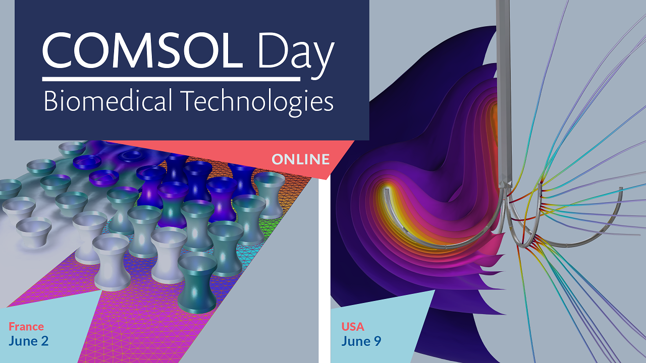 alt=An advertisement for COMSOL Day: Biomedical Technologies that is split into two columns, with the June 2 France event listed on the left and the June 9 U.S. event listed on the right, and both accompanied by biomedical models rendered in the COMSOL software.