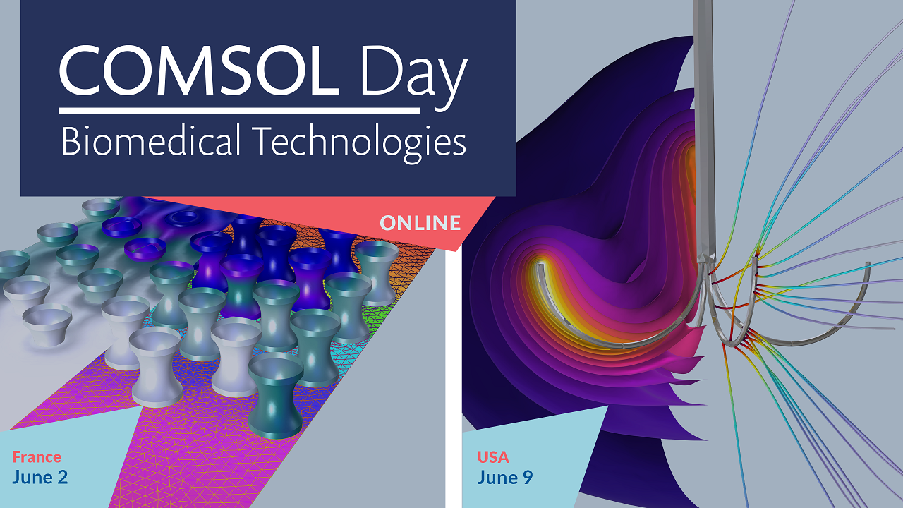 alt=Immagine pubblicitaria per il COMSOL Day: Biomedical Technologies, divisa in due colonne, con l'evento del 2 giugno in Francia a sinistra e quello del 9 giugno negli Stati Uniti a destra, entrambi accompagnati da modelli biomedicali renderizzati con il software COMSOL.