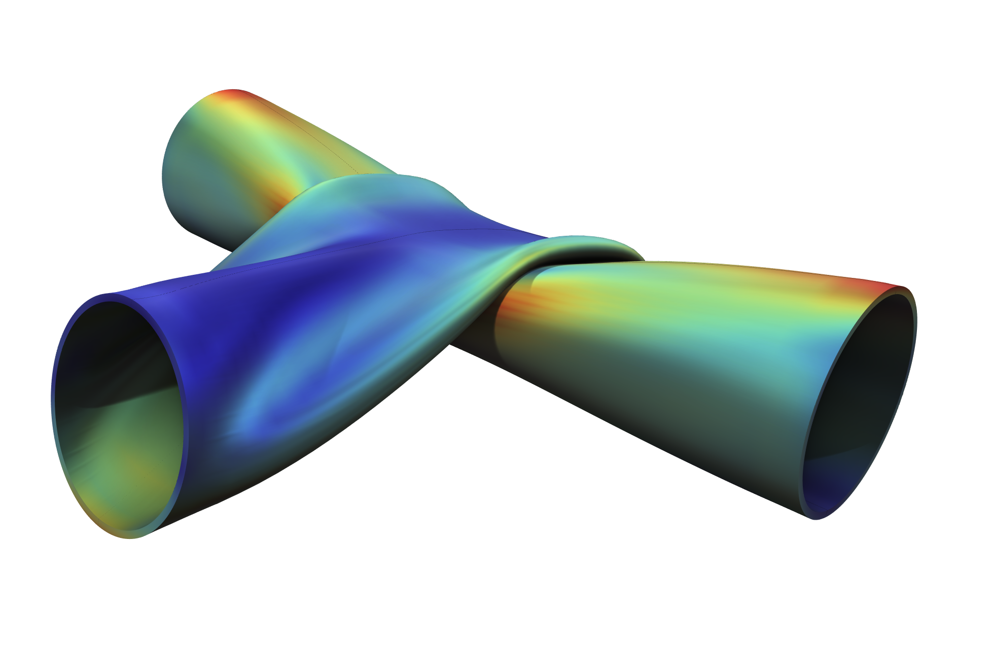 Eine Strukturanalyse visualisiert Spannung und Verformung in zwei Metallrohren in mechanischem Kontakt.