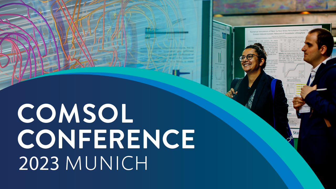 Een advertentie voor COMSOL Conferentie 2023, München waarop deelnemers poster presentaties bekijken.