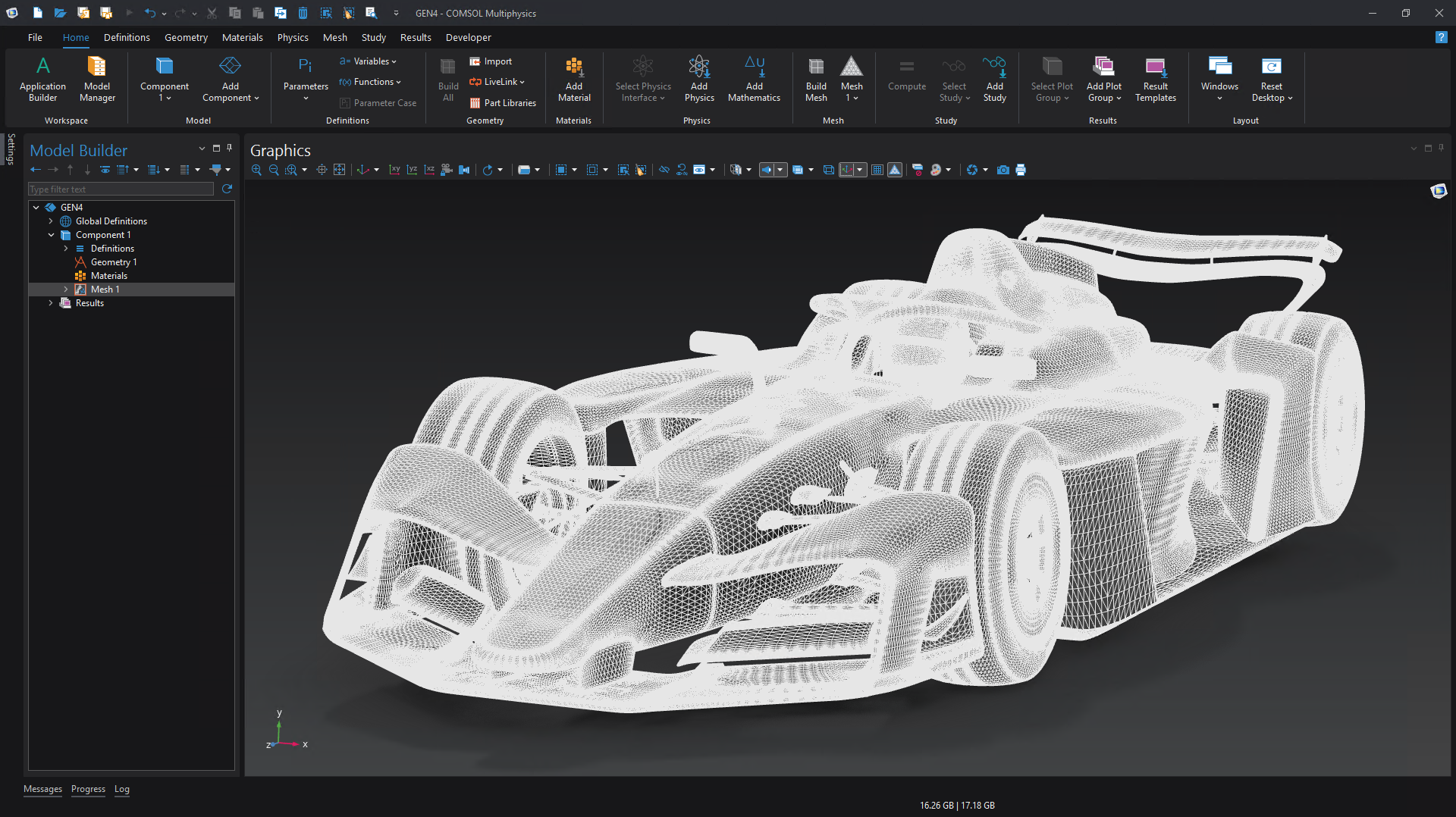 L'interfaccia utente di COMSOL Multiphysics®, con la Mesh 1 selezionata nel Model Builder e la mesh della monoposto GEN4 di Formula E visualizzata nella finestra Graphics.