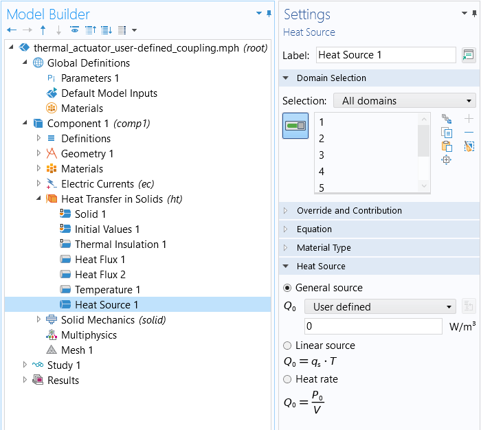 A screenshot of the model tree with the Heat Source node selected and the Settings window open.