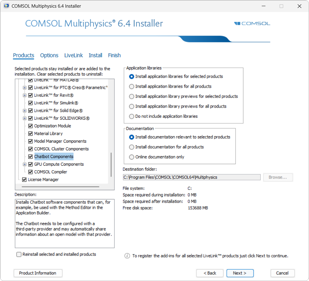 A UI screenshot of the COMSOL Installer with the Products tab selected and the Chatbot Components checkbox highlighted.