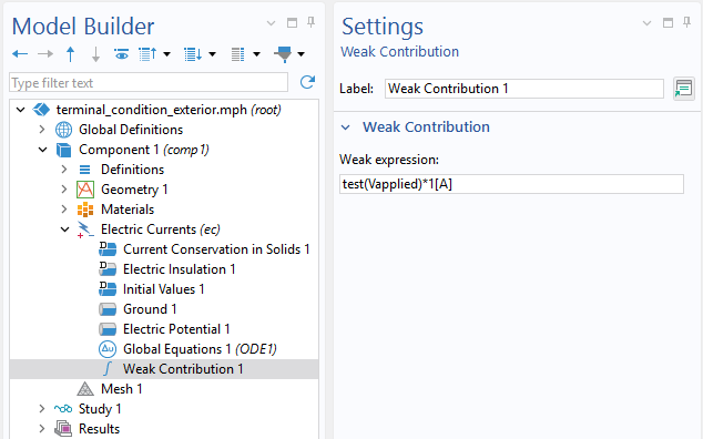 The weak contribution expression entered in the settings window.