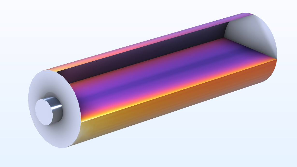 A close-up view of a long cylinder with colors ranging from orange to purple in the interior, and gray on the opposite cross section ends of the cylinder.